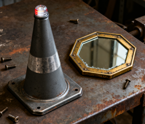 Road cones. Adhesive mirrors